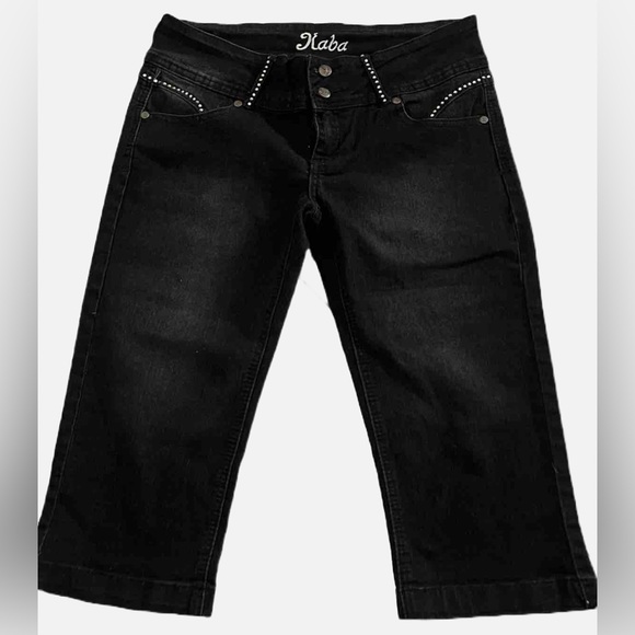 KABA JEANS Black Cropped Faded Denim + Rhinestones Stretchy Juniors 11  34x17 - Picture 1 of 6
